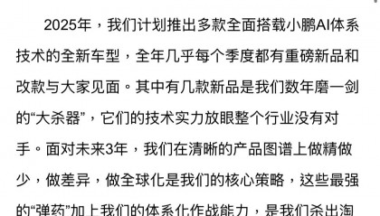 何小鹏发内部信,称价格战甚至会从2025年1月开始点燃